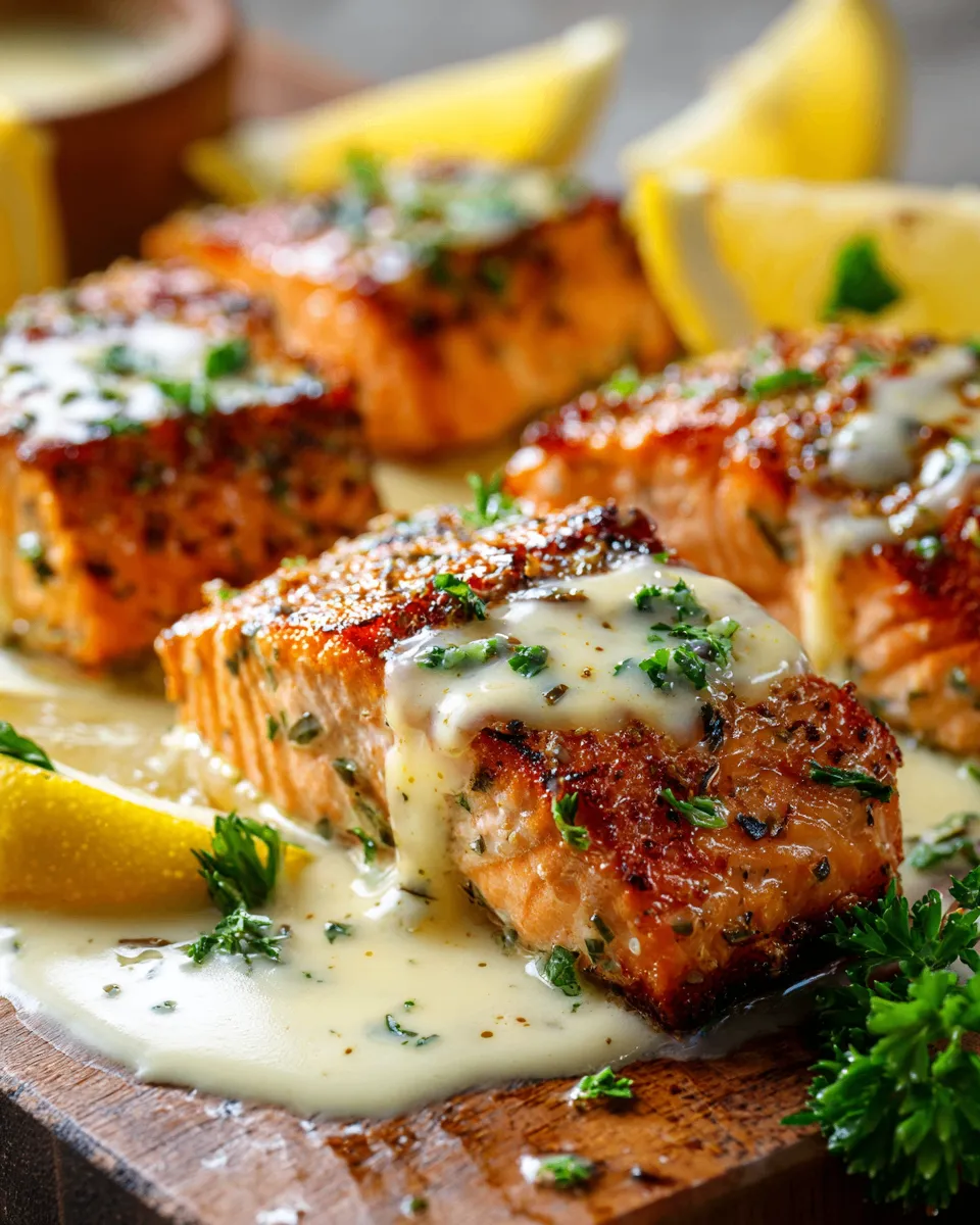 Seared salmon bites with garlic cream sauce, perfect holiday appetizer, quick and easy seafood recipe, festive dining experience, savory flavors