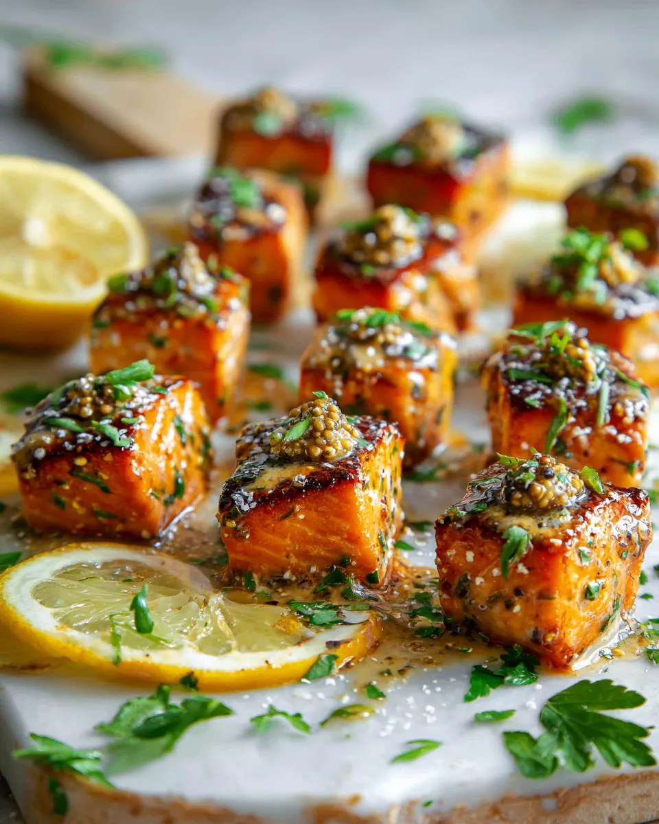 Seared salmon bites with garlic cream sauce, perfect holiday appetizer, quick and easy seafood recipe, festive dining experience, savory flavors