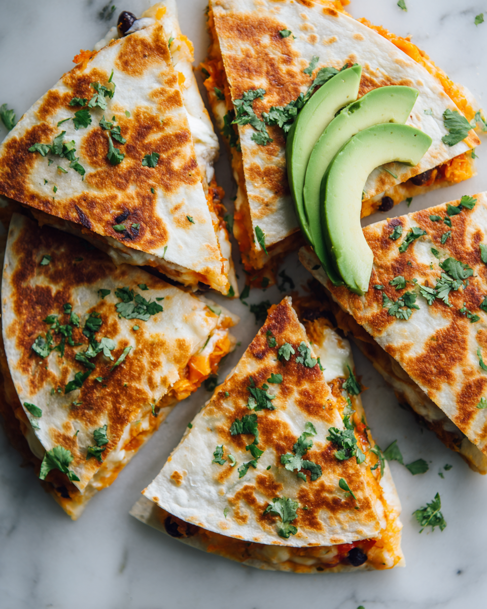 Sweet potato and black bean quesadillas served with fresh toppings, perfect for autumn gatherings and vegetarian meals.
