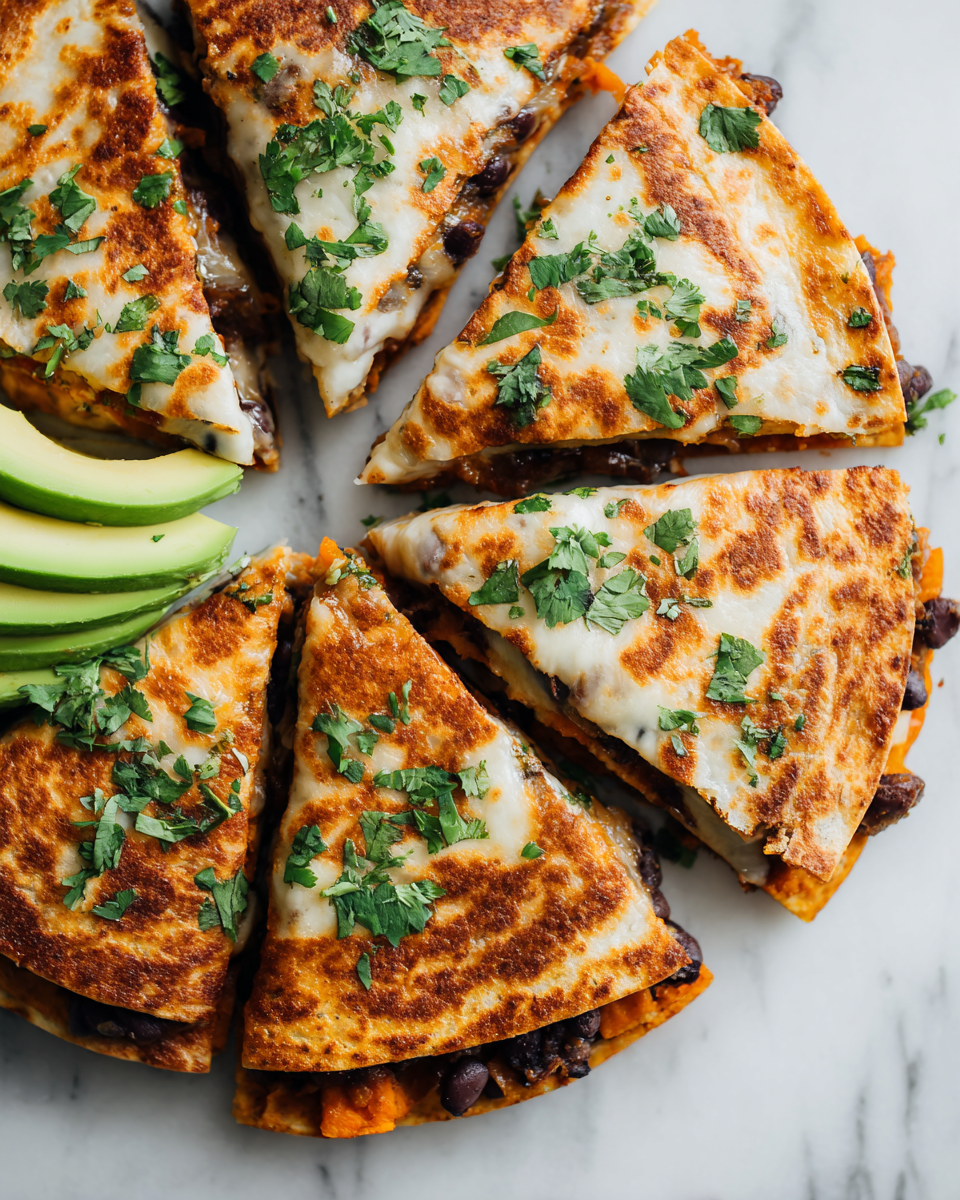 Sweet potato and black bean quesadillas served with fresh toppings, perfect for autumn gatherings and vegetarian meals.