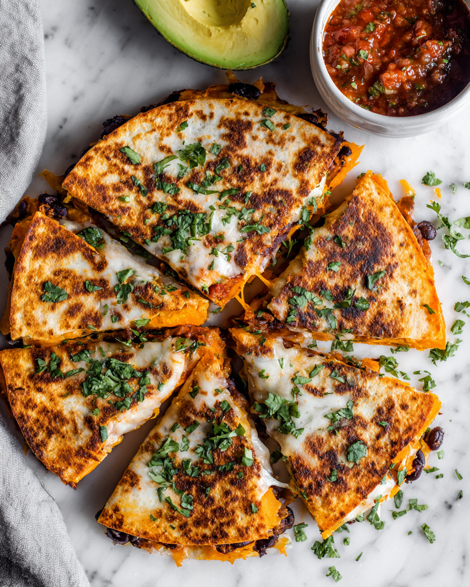 Sweet potato and black bean quesadillas served with fresh toppings, perfect for autumn gatherings and vegetarian meals.
