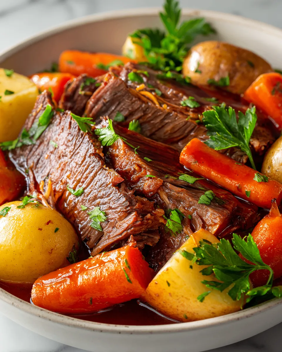 A hearty slow cooker pot roast with tender beef and vegetables, perfect for cozy family meals and holiday gatherings, showcasing comfort food at its best.