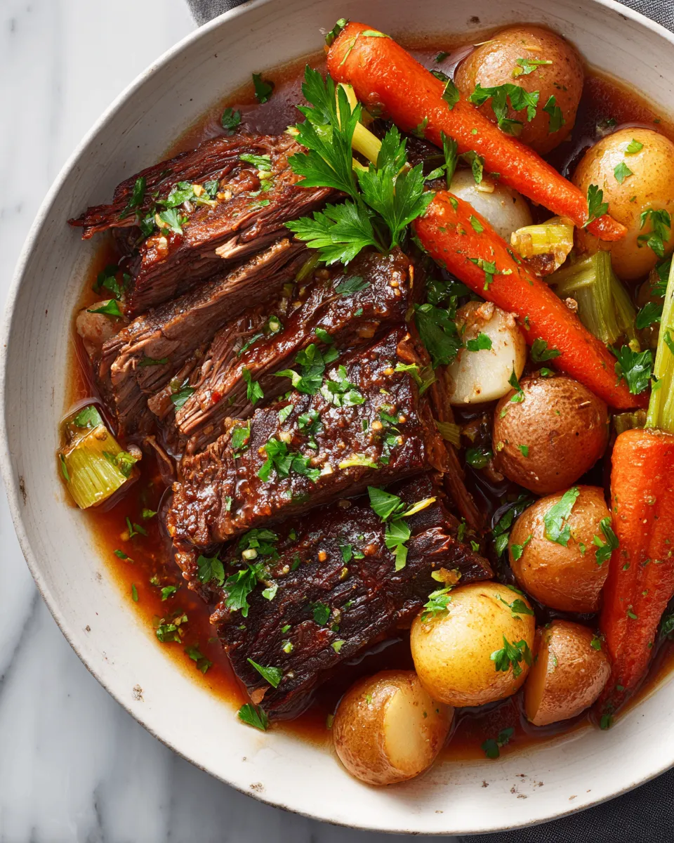 A hearty slow cooker pot roast with tender beef and vegetables, perfect for cozy family meals and holiday gatherings, showcasing comfort food at its best.