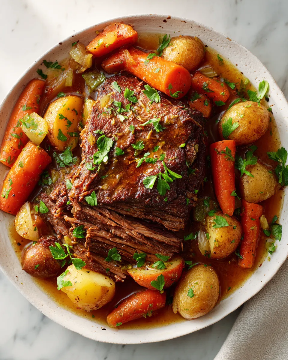 A hearty slow cooker pot roast with tender beef and vegetables, perfect for cozy family meals and holiday gatherings, showcasing comfort food at its best.