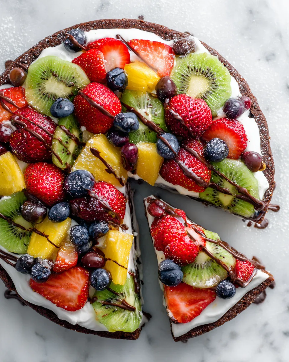 Festive brownie fruit pizza topped with fresh fruits and creamy layer, ideal for holiday celebrations