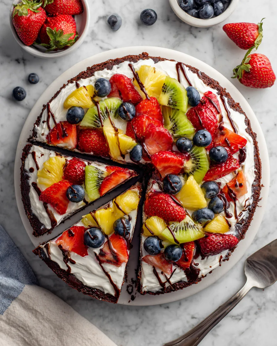 Festive brownie fruit pizza topped with fresh fruits and creamy layer, ideal for holiday celebrations
