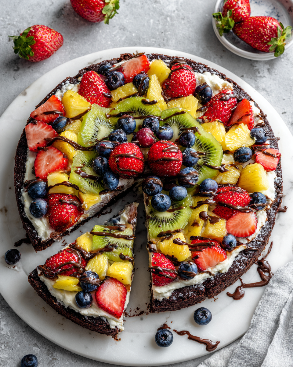 Festive brownie fruit pizza topped with fresh fruits and creamy layer, ideal for holiday celebrations