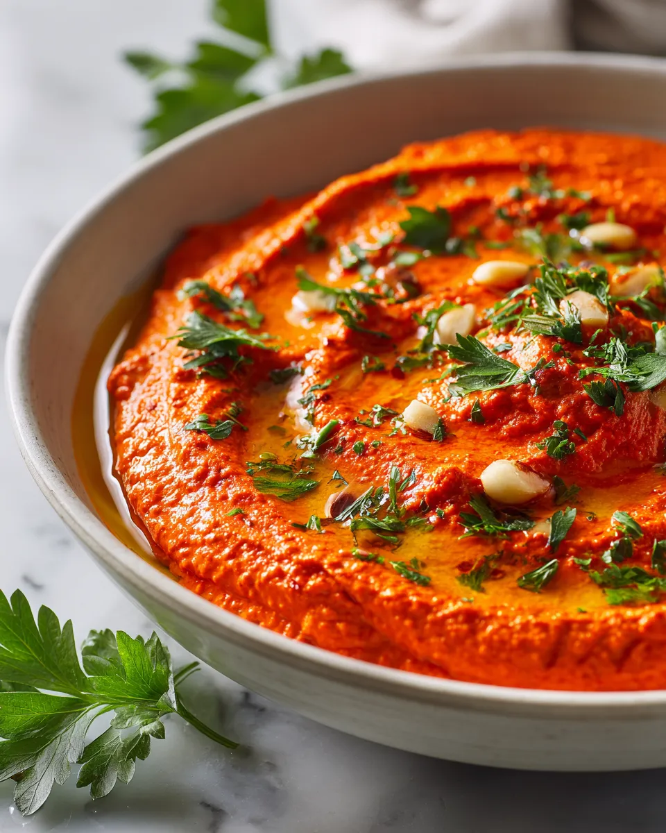 Homemade Romesco sauce featuring roasted red peppers and almonds, perfect for holiday meals and dipping, ready in one hour.