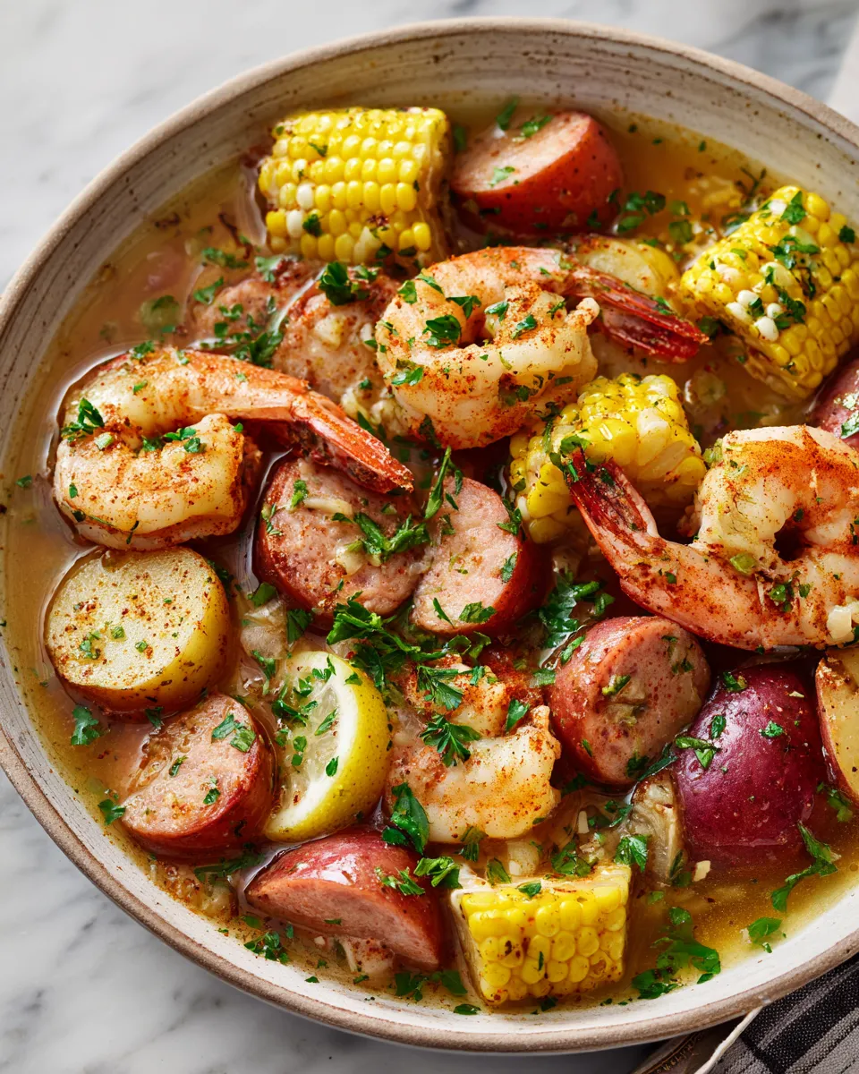 Warm Up with This Slow Cooker Shrimp Boil Delicious slow cooker shrimp boil with shrimp, potatoes, corn, and kielbasa in a savory broth