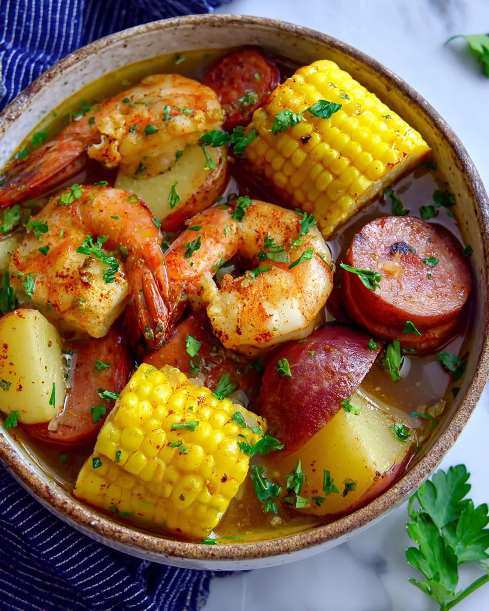 Warm Up with This Slow Cooker Shrimp Boil Delicious slow cooker shrimp boil with shrimp, potatoes, corn, and kielbasa in a savory broth