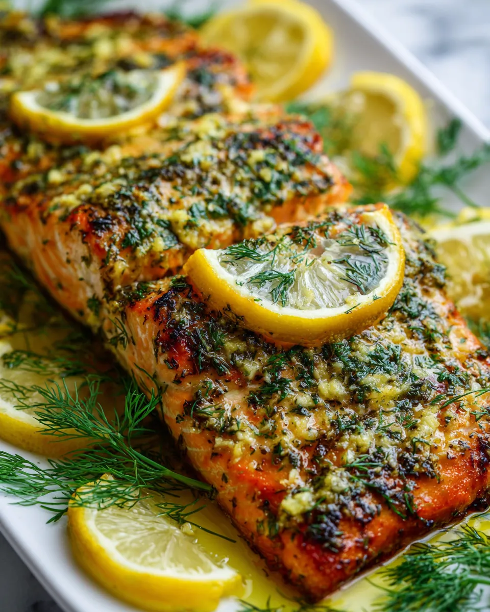 Baked lemon dill salmon fillets with fresh herbs and garlic, perfect for holiday meals or healthy dinners.
