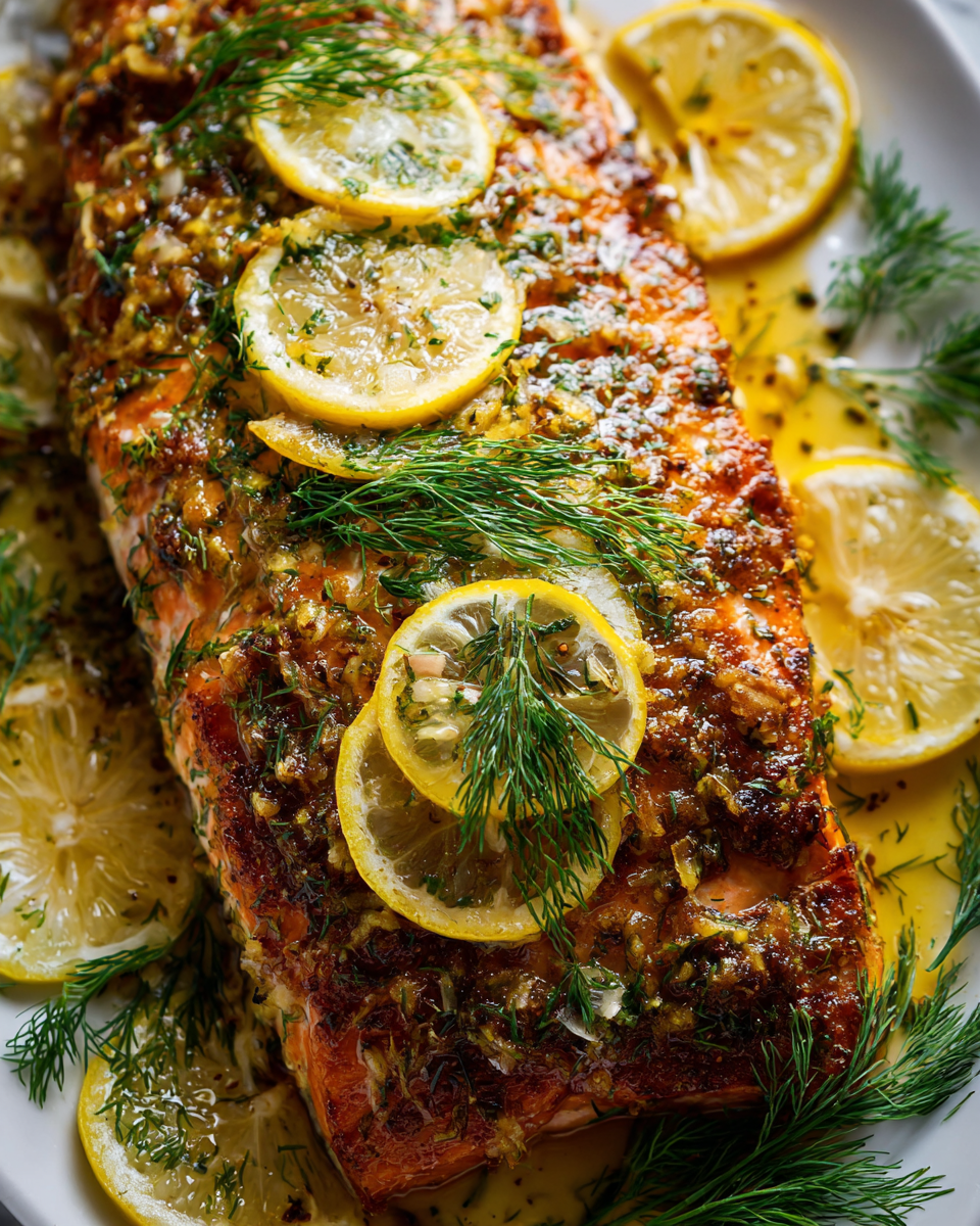 Baked lemon dill salmon fillets with fresh herbs and garlic, perfect for holiday meals or healthy dinners.