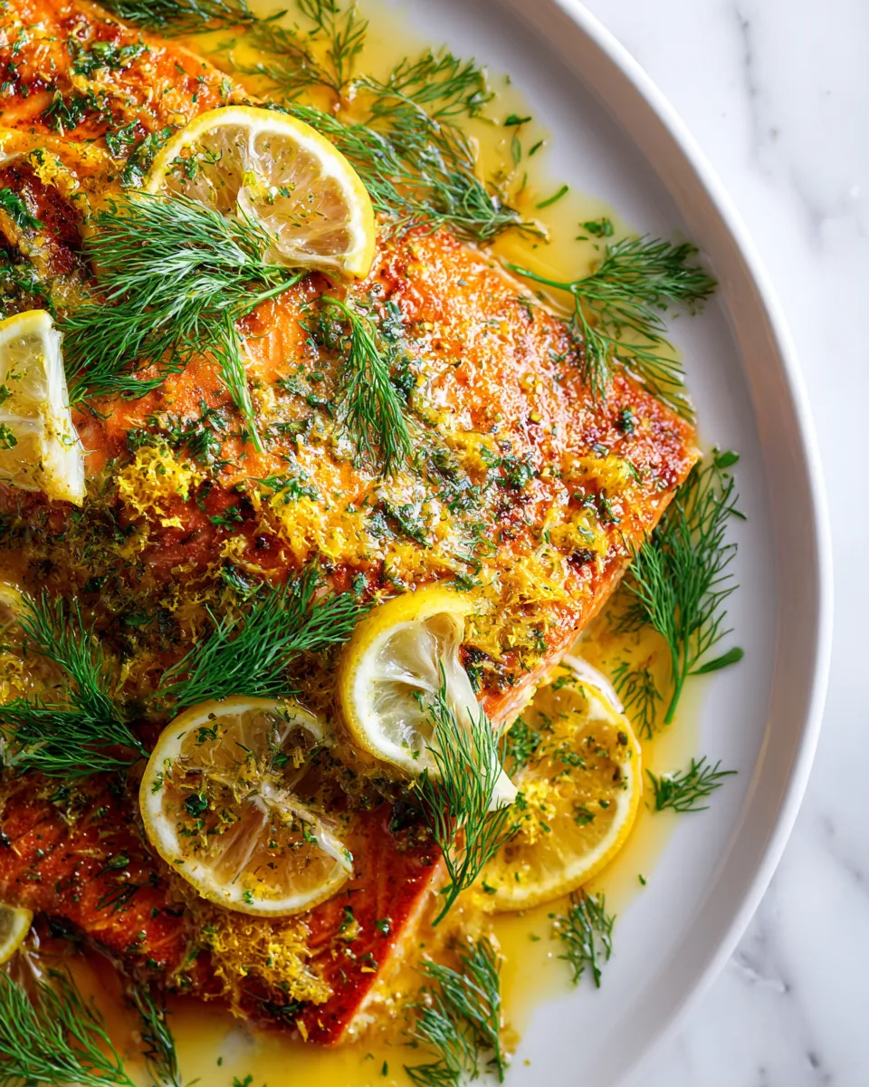 Baked lemon dill salmon fillets with fresh herbs and garlic, perfect for holiday meals or healthy dinners.