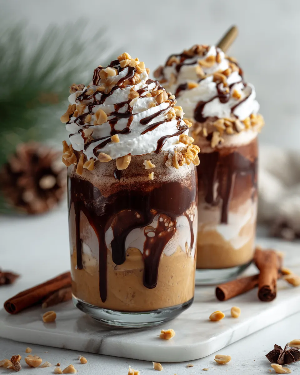 Delicious Reese's Peanut Butter Frappuccino with ice, whipped cream, and chocolate syrup, an easy homemade drink perfect for cozy seasons.