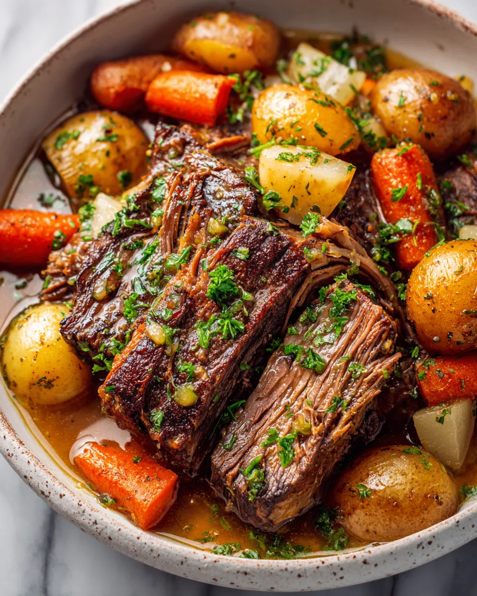 A hearty slow cooker pot roast with tender beef and vegetables, perfect for cozy family meals and holiday gatherings, showcasing comfort food at its best.