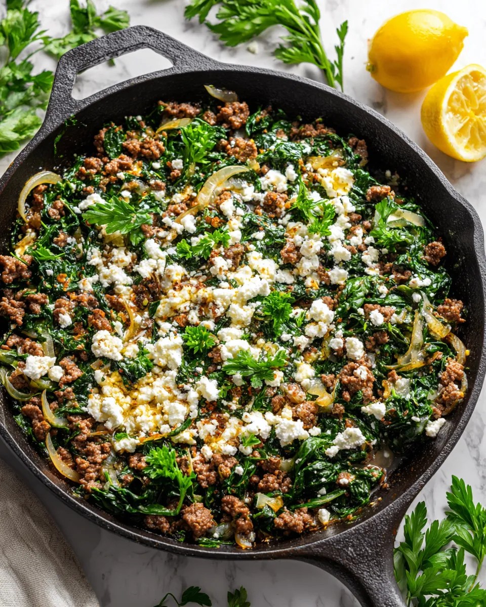 Skillet-cooked ground beef and spinach with feta cheese, a quick and delicious one-pan meal perfect for weeknights and holidays.