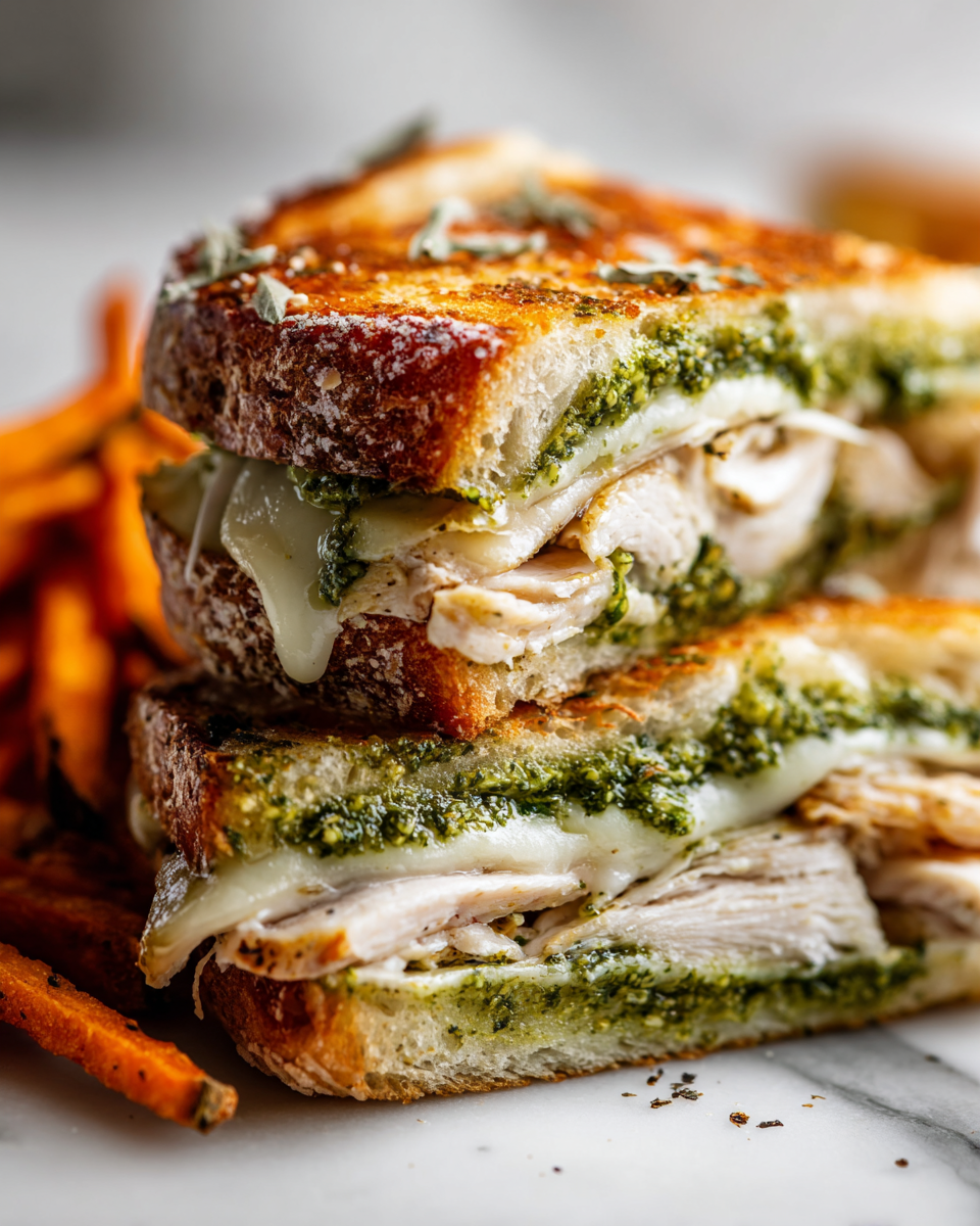 Delicious Turkey Pesto Sandwich with roasted turkey, basil pesto, and melted provolone cheese on crusty bread