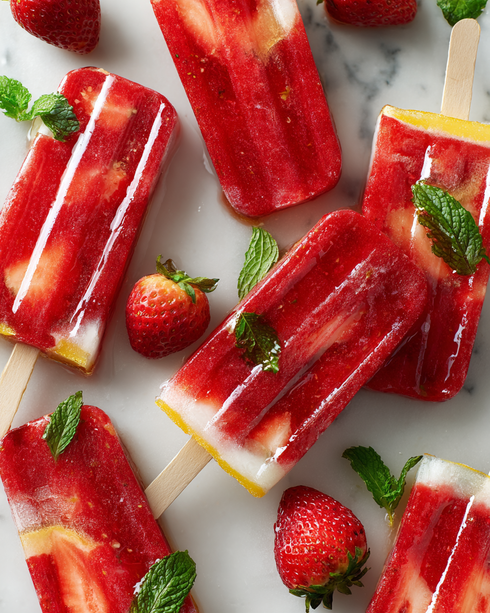 Delicious strawberry popsicles recipe made with fresh strawberries, sugar, and lemon juice, perfect summer treat for cooling down.