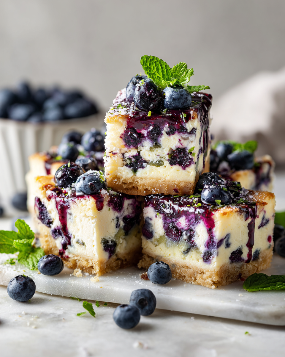 Delicious lemon blueberry cheesecake with creamy filling and vibrant blueberry topping, perfect dessert for holidays and gatherings.