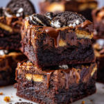Delicious Oreo Reese’s fudge brownies, a perfect holiday dessert with rich chocolate and cookie flavors.