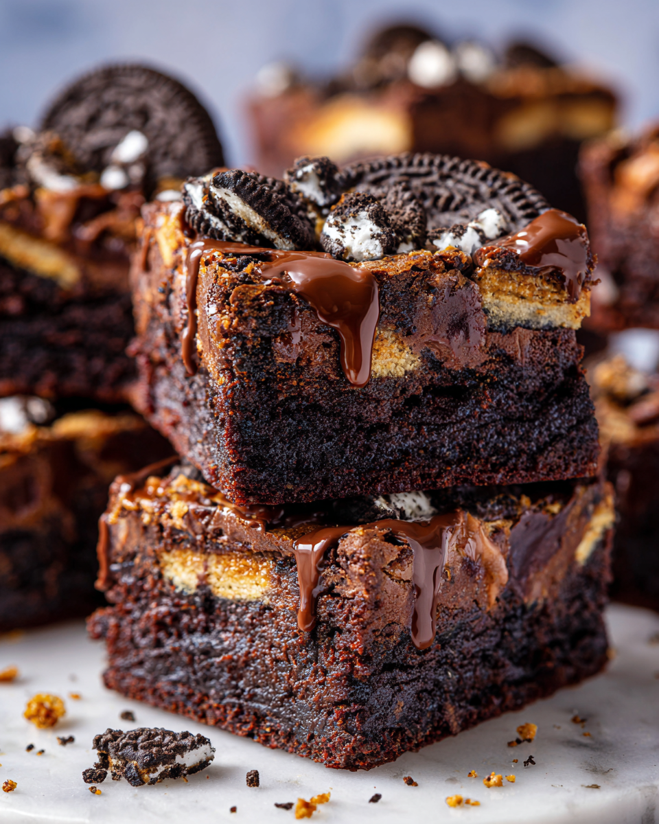 Delicious Oreo Reese’s fudge brownies, a perfect holiday dessert with rich chocolate and cookie flavors.