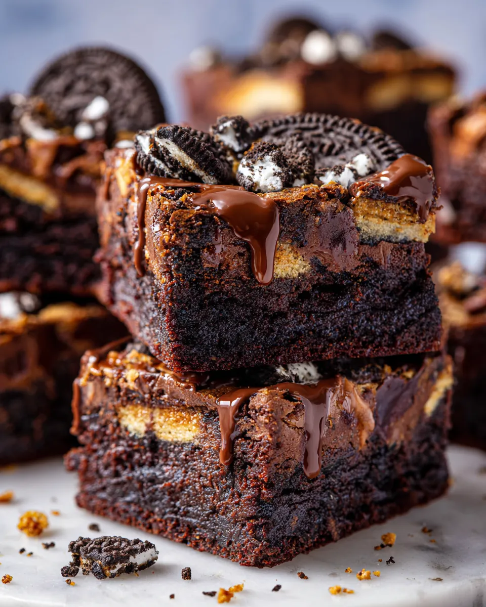 Delicious Oreo Reese’s fudge brownies, a perfect holiday dessert with rich chocolate and cookie flavors.