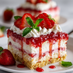 Fresh and creamy strawberry lasagna recipe with layers of strawberries, cream cheese, and a cookie crust. Perfect no-bake dessert for celebrations.