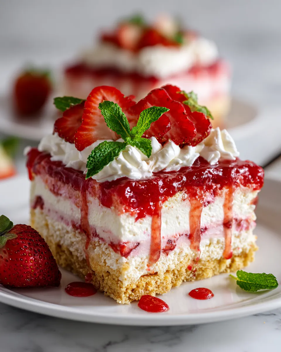 Fresh and creamy strawberry lasagna recipe with layers of strawberries, cream cheese, and a cookie crust. Perfect no-bake dessert for celebrations.