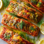 Baked lemon dill salmon fillets with fresh herbs and garlic, perfect for holiday meals or healthy dinners.