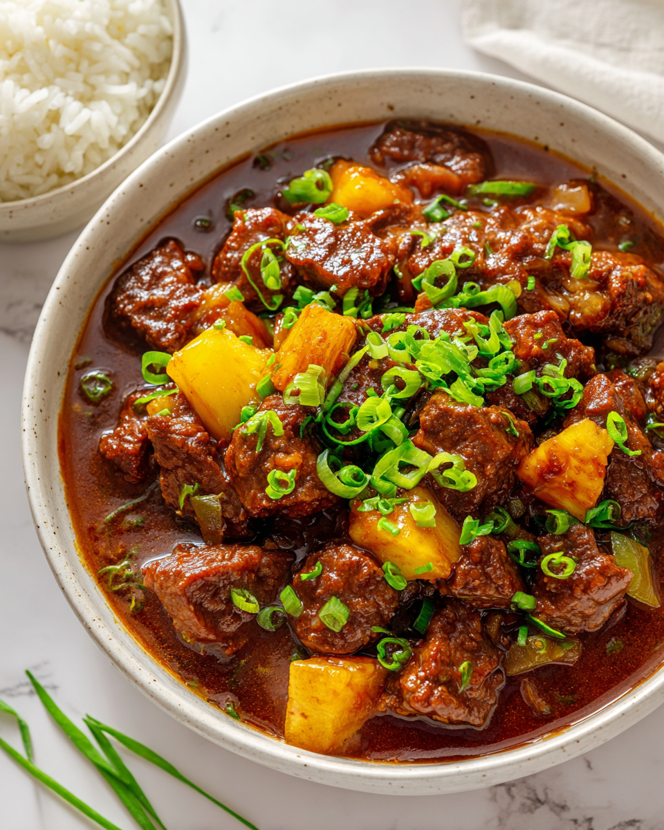 Slow cooked Sweet and Sour Beef with tender chunks of beef, vibrant bell peppers, and tangy pineapple in a rich sauce.