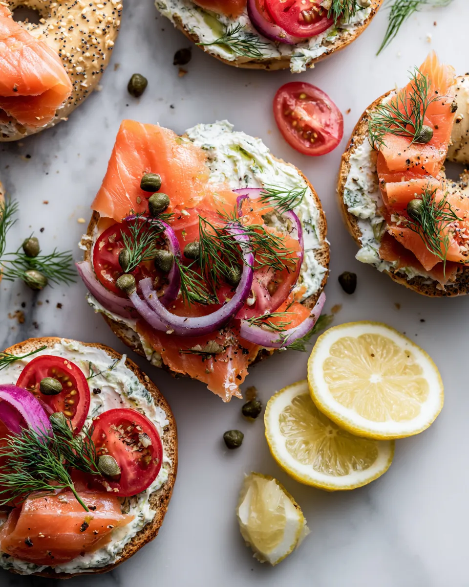 Enjoy a fresh smoked salmon bagel with cream cheese, capers, and fresh dill, perfect for brunch gatherings