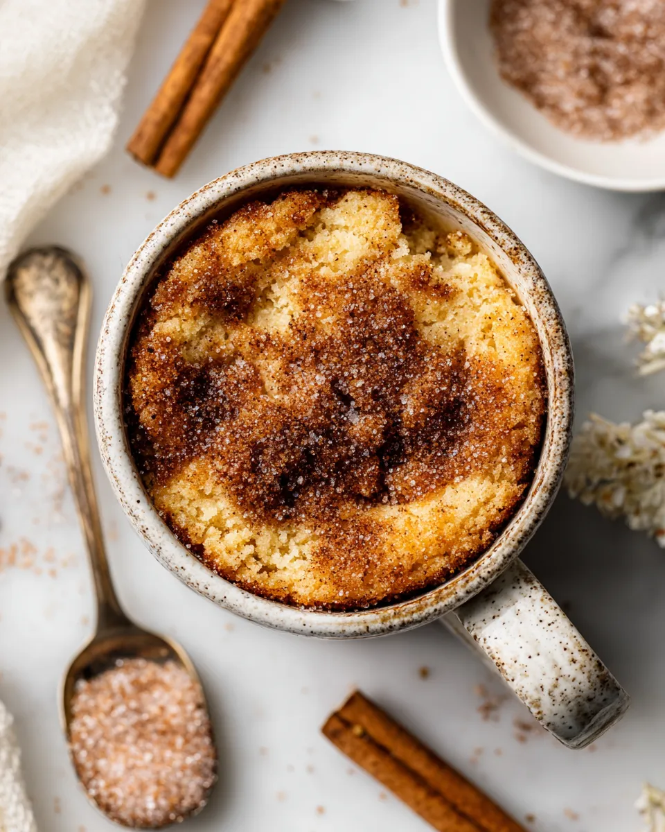 Quick Snickerdoodle Mug Cake made in 2 minutes, perfect cozy dessert for winter; cinnamon sugar flavors make it tempting and easy to prepare.