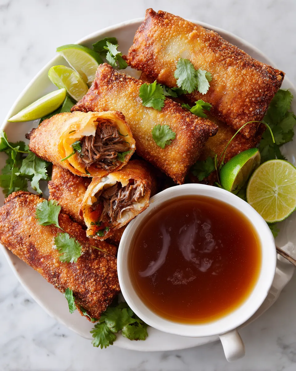 Crispy birria egg rolls filled with beef, perfect for holiday gatherings, with dipping sauce.