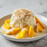Delicious mango sticky rice with coconut milk and ripe mangoes, a perfect festive dessert