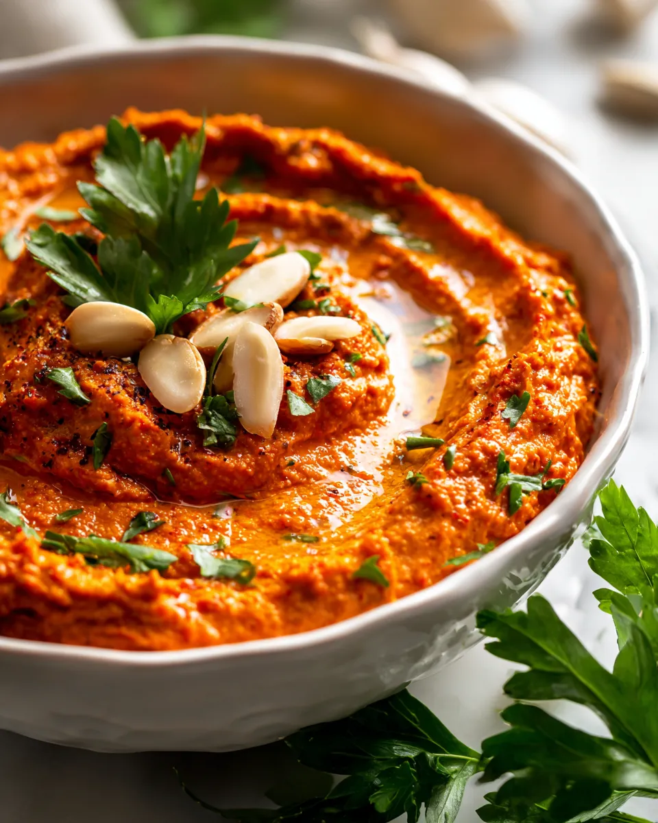 Homemade Romesco sauce featuring roasted red peppers and almonds, perfect for holiday meals and dipping, ready in one hour.