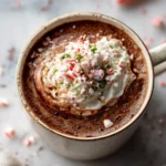 Bulletproof Peppermint Mocha in a festive mug topped with whipped cream and crushed peppermint candies