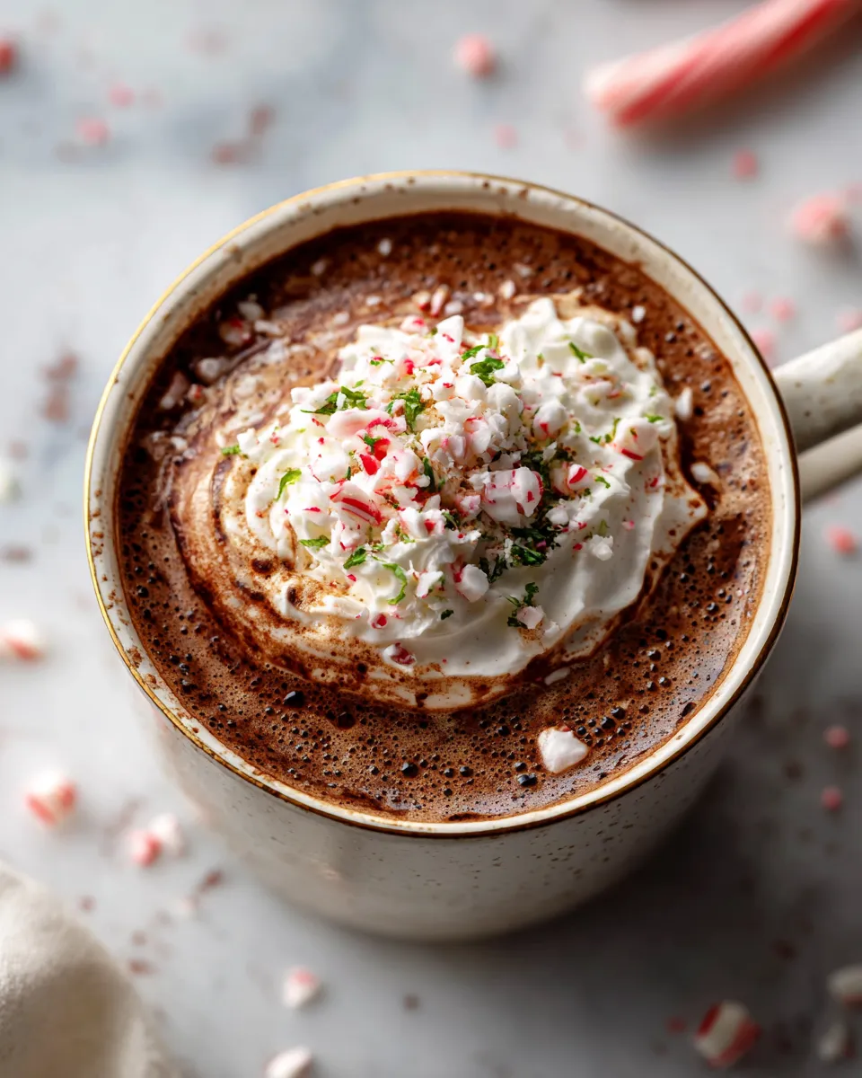Bulletproof Peppermint Mocha in a festive mug topped with whipped cream and crushed peppermint candies