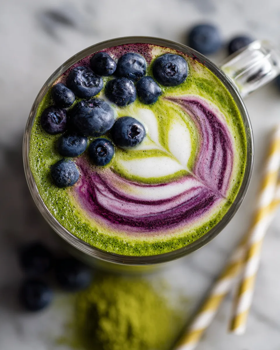 A vibrant Blueberry Matcha Latte topped with fresh blueberries, perfect for holiday gatherings, rich in antioxidants, and quick to prepare.