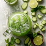 Refreshing cucumber agua fresca, a blend of cucumbers and lime, served over ice, perfect for hydration and gatherings.