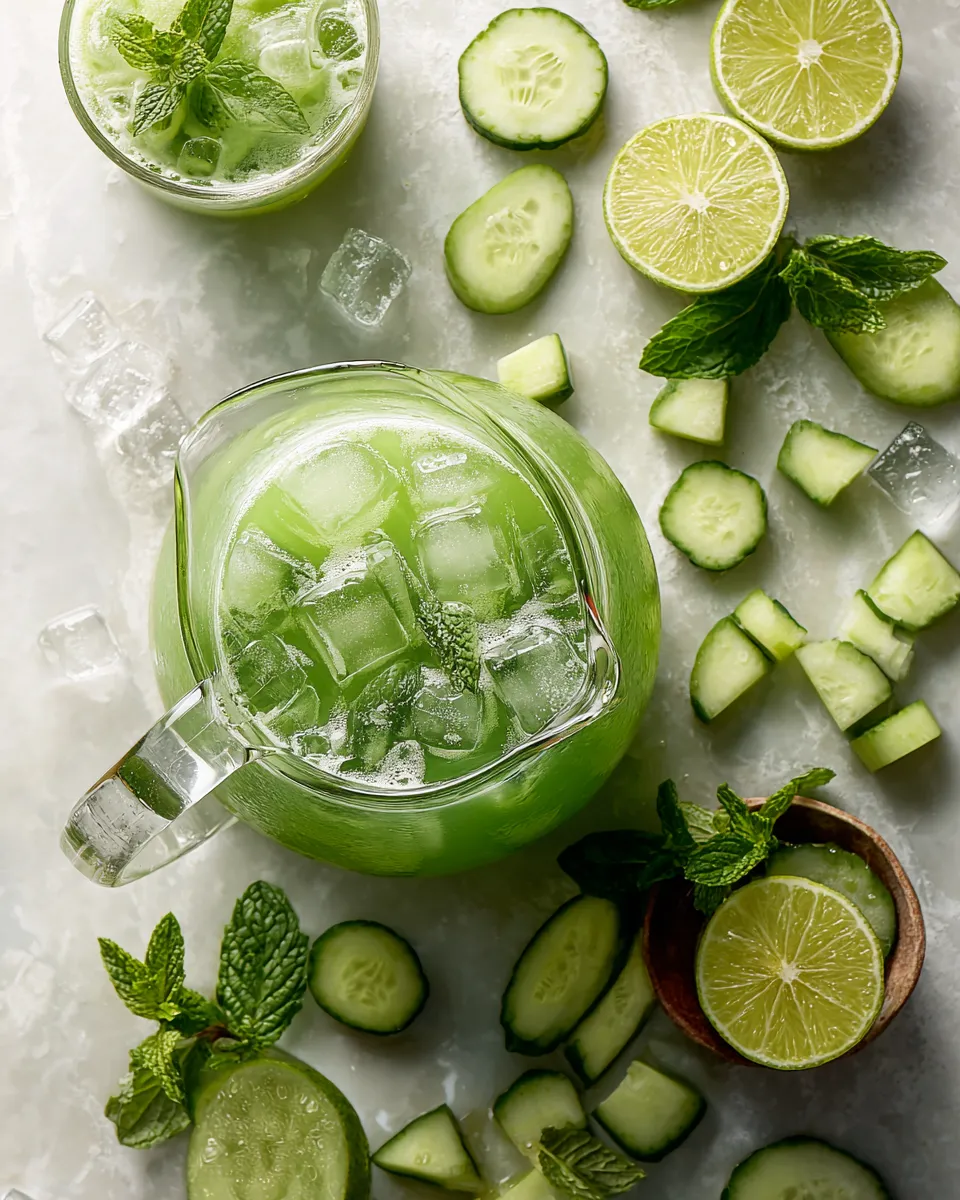 Refreshing cucumber agua fresca, a blend of cucumbers and lime, served over ice, perfect for hydration and gatherings.