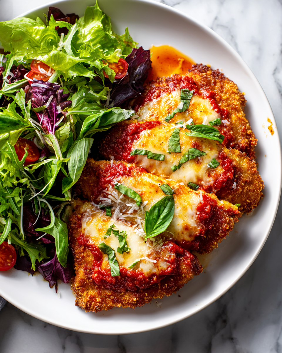 A golden-brown Chicken Parmigiana topped with melted cheese and fresh basil, served with pasta, showcasing classic Italian comfort food.