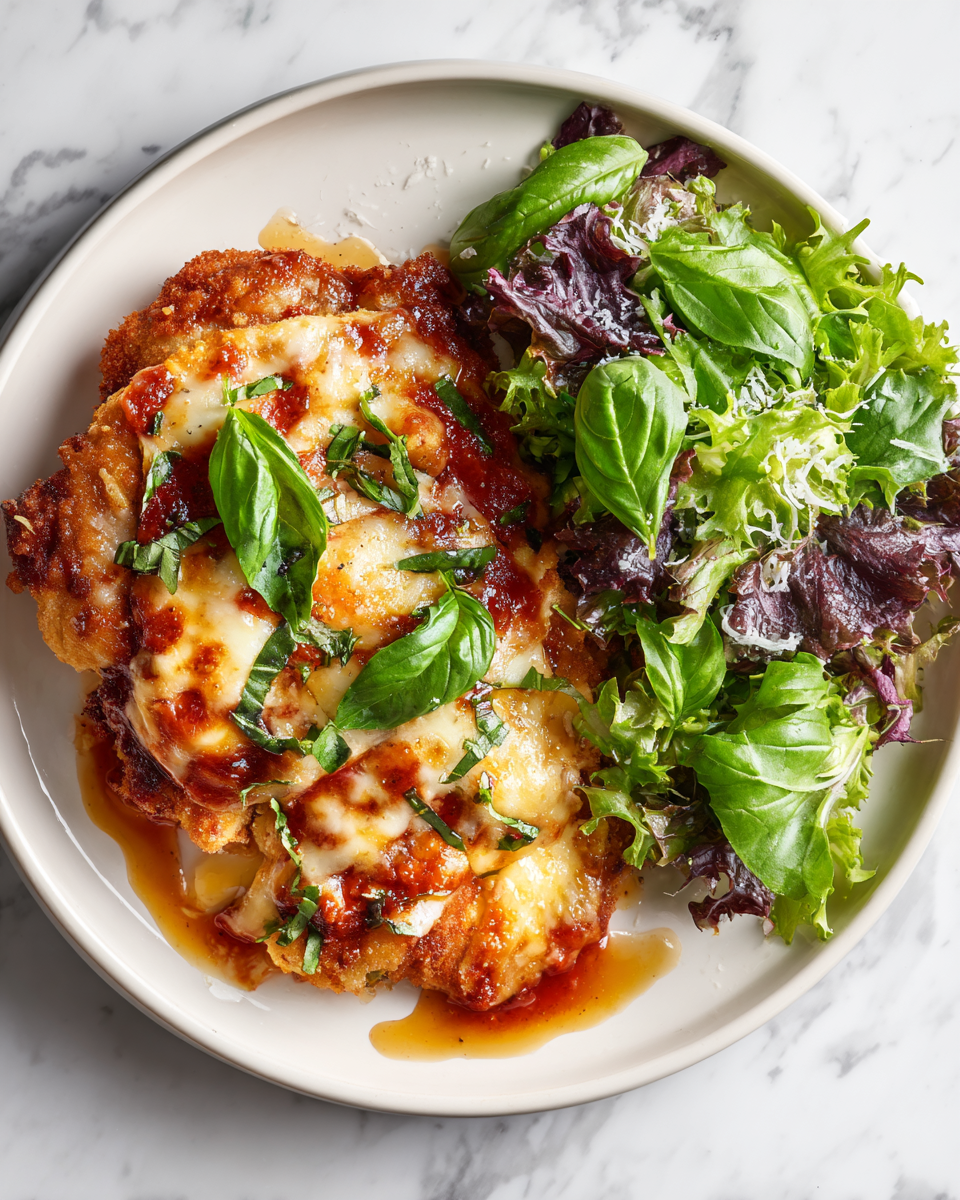 A golden-brown Chicken Parmigiana topped with melted cheese and fresh basil, served with pasta, showcasing classic Italian comfort food.