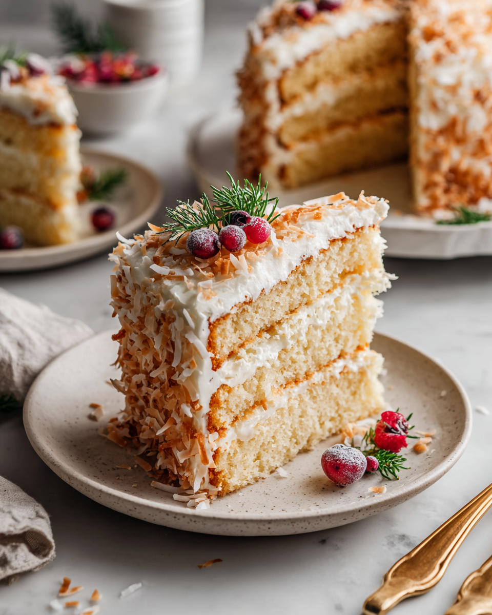 Delicious homemade coconut cake served at a festive gathering, showcasing its moist texture and rich coconut flavor.
