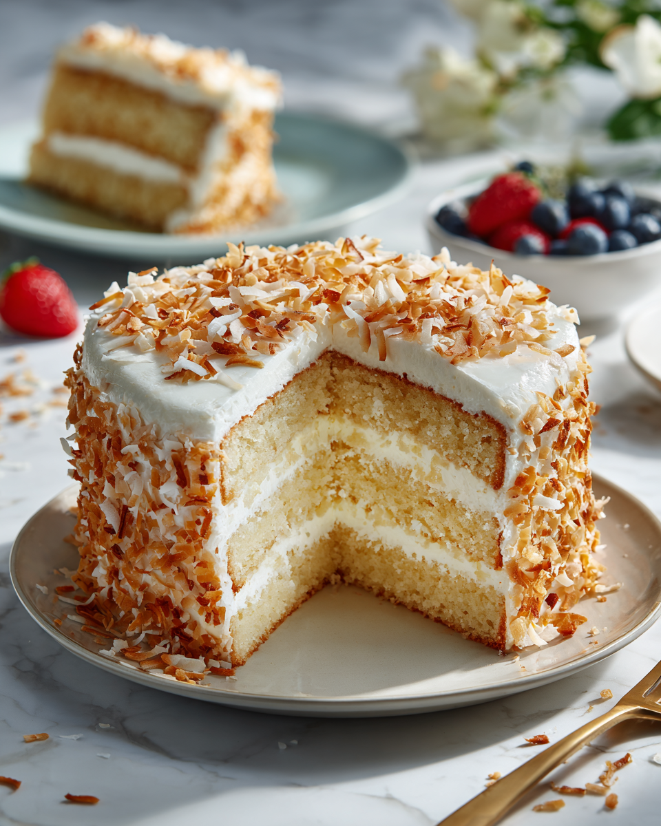 Delicious homemade coconut cake served at a festive gathering, showcasing its moist texture and rich coconut flavor.