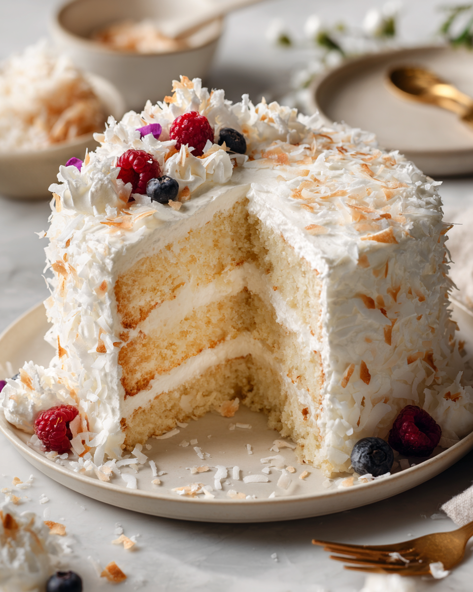 Delicious homemade coconut cake served at a festive gathering, showcasing its moist texture and rich coconut flavor.