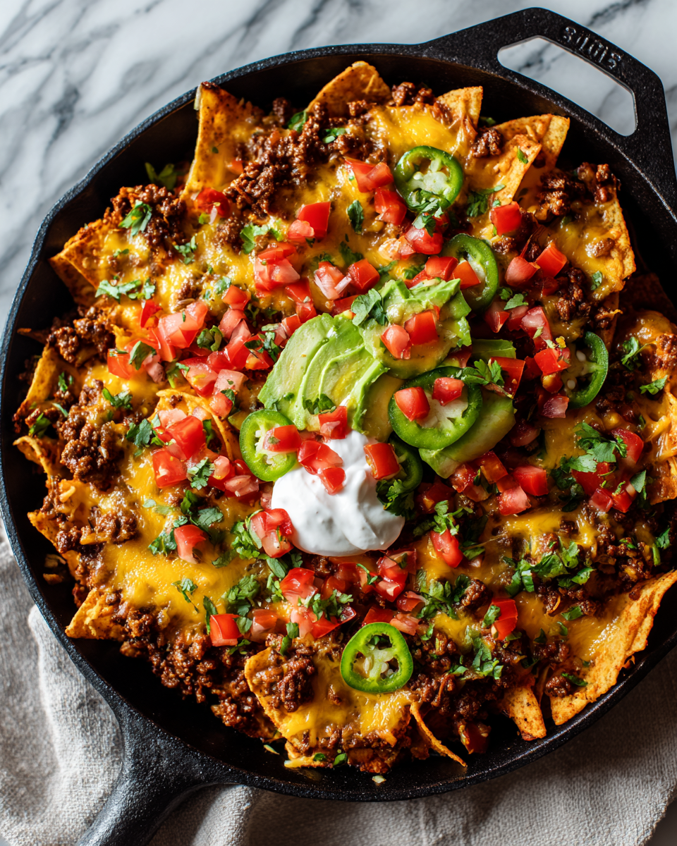 Delicious beef nachos topped with melted cheese, fresh avocado, and vibrant toppings perfect for parties and game nights.