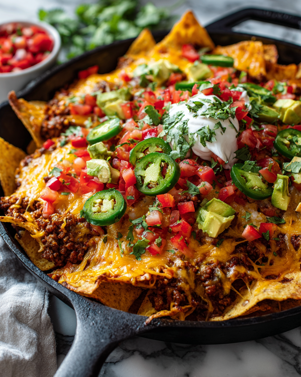 Delicious beef nachos topped with melted cheese, fresh avocado, and vibrant toppings perfect for parties and game nights.