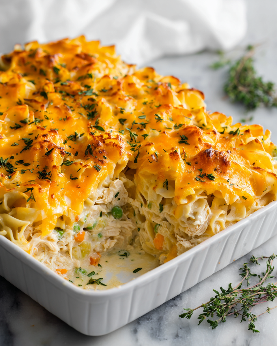 Chicken Noodle Casserole with shredded chicken, egg noodles, and creamy sauce, ideal for cozy meals and holiday feasts.