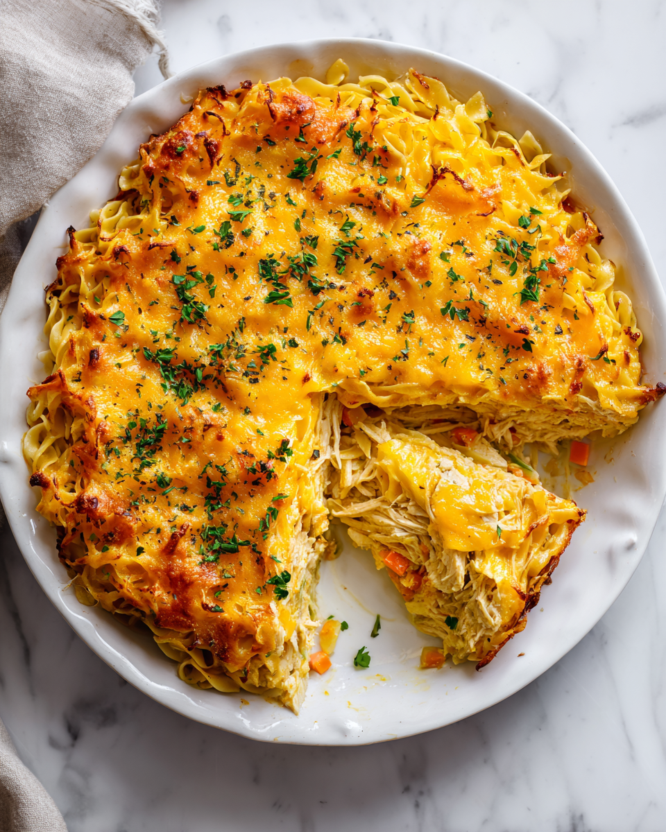 Chicken Noodle Casserole with shredded chicken, egg noodles, and creamy sauce, ideal for cozy meals and holiday feasts.