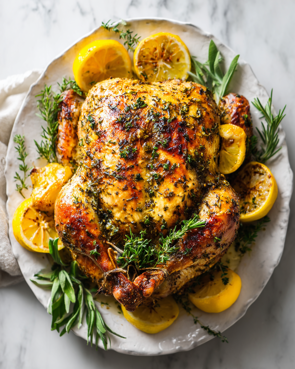 Lemon herb roasted whole chicken garnished with fresh herbs. Perfect for festive gatherings with juicy meat and crispy skin.